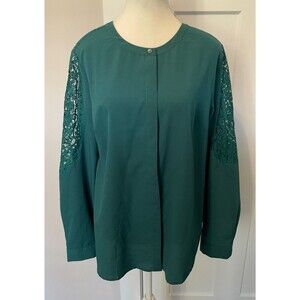 TALBOTS Womens Button TOP Long Sleeve w/ Lace GREEN Size L